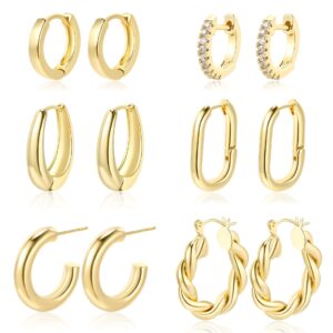 6 Pairs 14K Gold Hoop Earrings for Women Lightweight Chunky Hoop Earrings