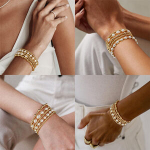 14K Gold Plated Bracelet Stack Strand Stretch Bead Ball Bracelet Set for Women