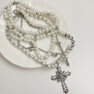 Layered Pearl Necklace Gothic Cross Stacked Necklace for Girls