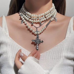 Layered Pearl Necklace Gothic Cross Stacked Necklace for Girls