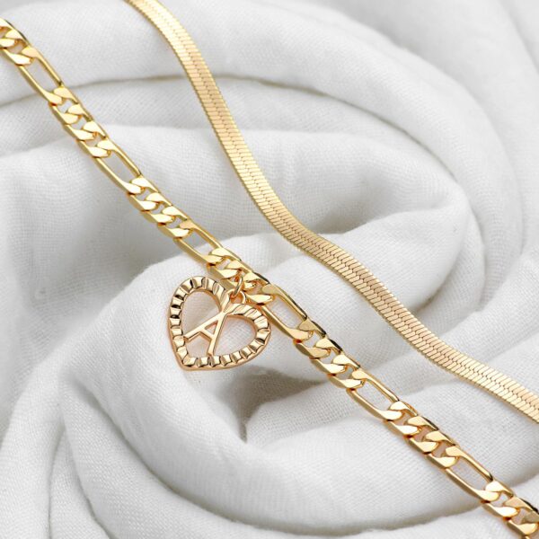 14K Gold Plated Layered Letter Figaro Chain Handmade Initial Anklets