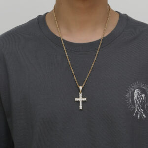 18K Gold Plating Cross Necklace Pendant Cubic Zirconia Crucifix Jewelry 24” Rope Chain