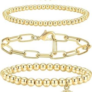 Stackable 14K Gold Plated Bracelets for Women Bead Ball Bracelet with Letter Pendant