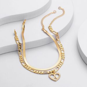 14K Gold Plated Layered Letter Figaro Chain Handmade Initial Anklets